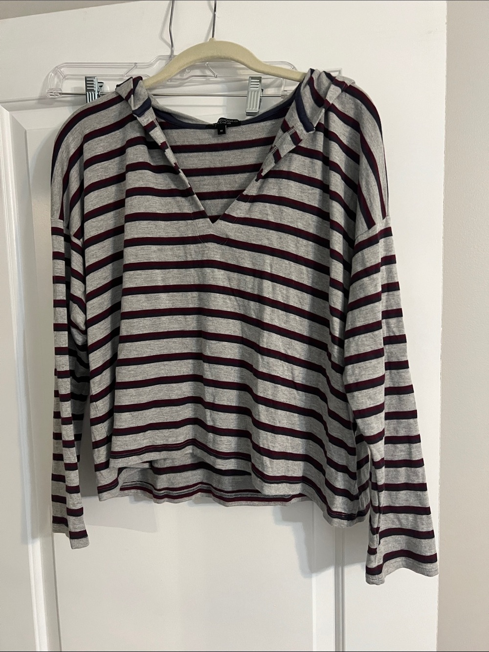Beyond Yoga Striped Hooded V-Neck Top - Gray & Burgundy